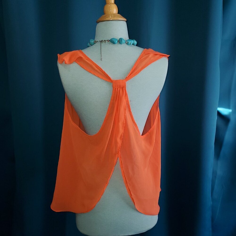 Sleeveless Ruffled V-Neck Sheer Blouse Coral Orange – M - Picture 3 of 7
